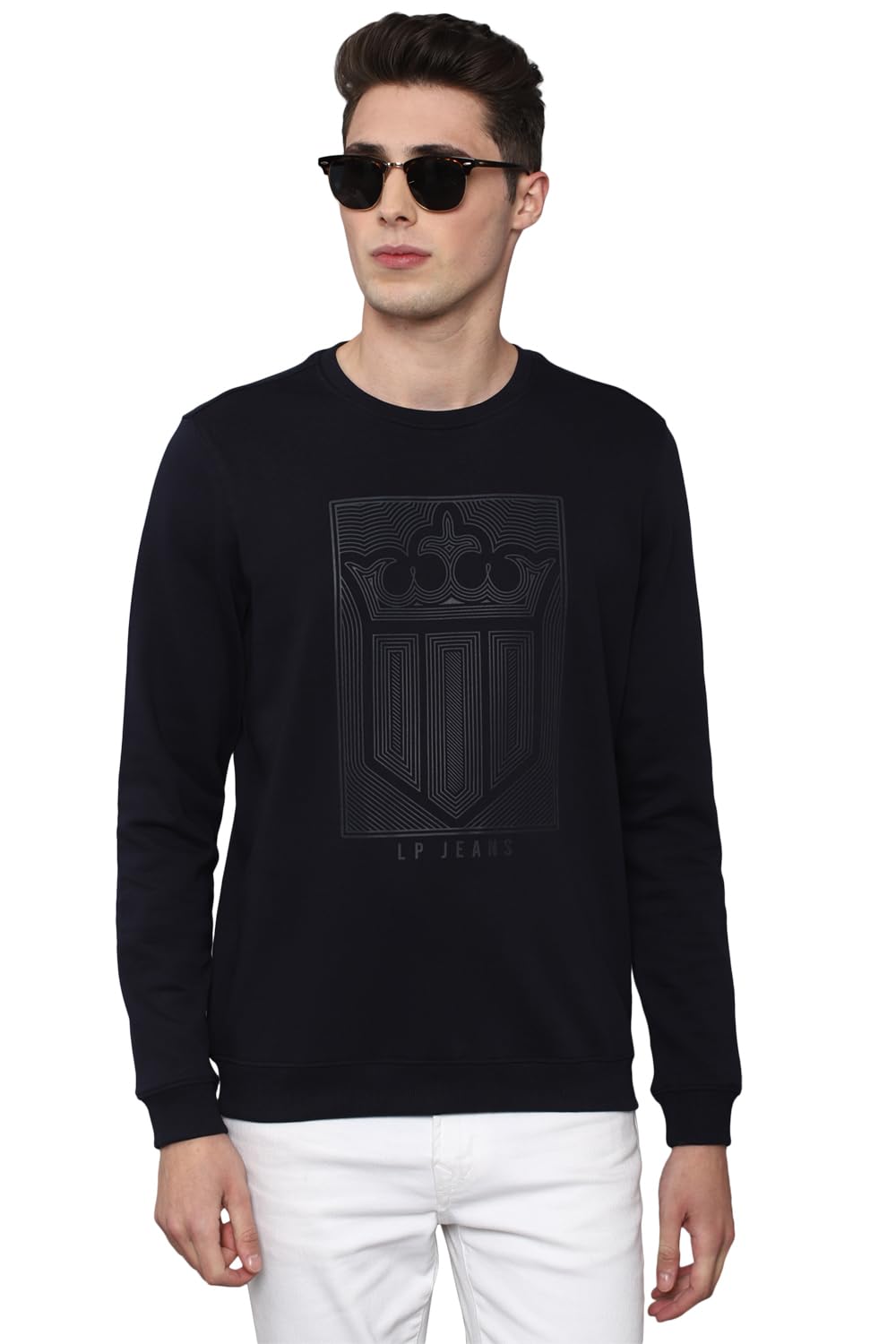 Louis Philippe Men Cotton Casual Navy Graphic Print Sweatshirt, Regular, Crew Neck, Medium