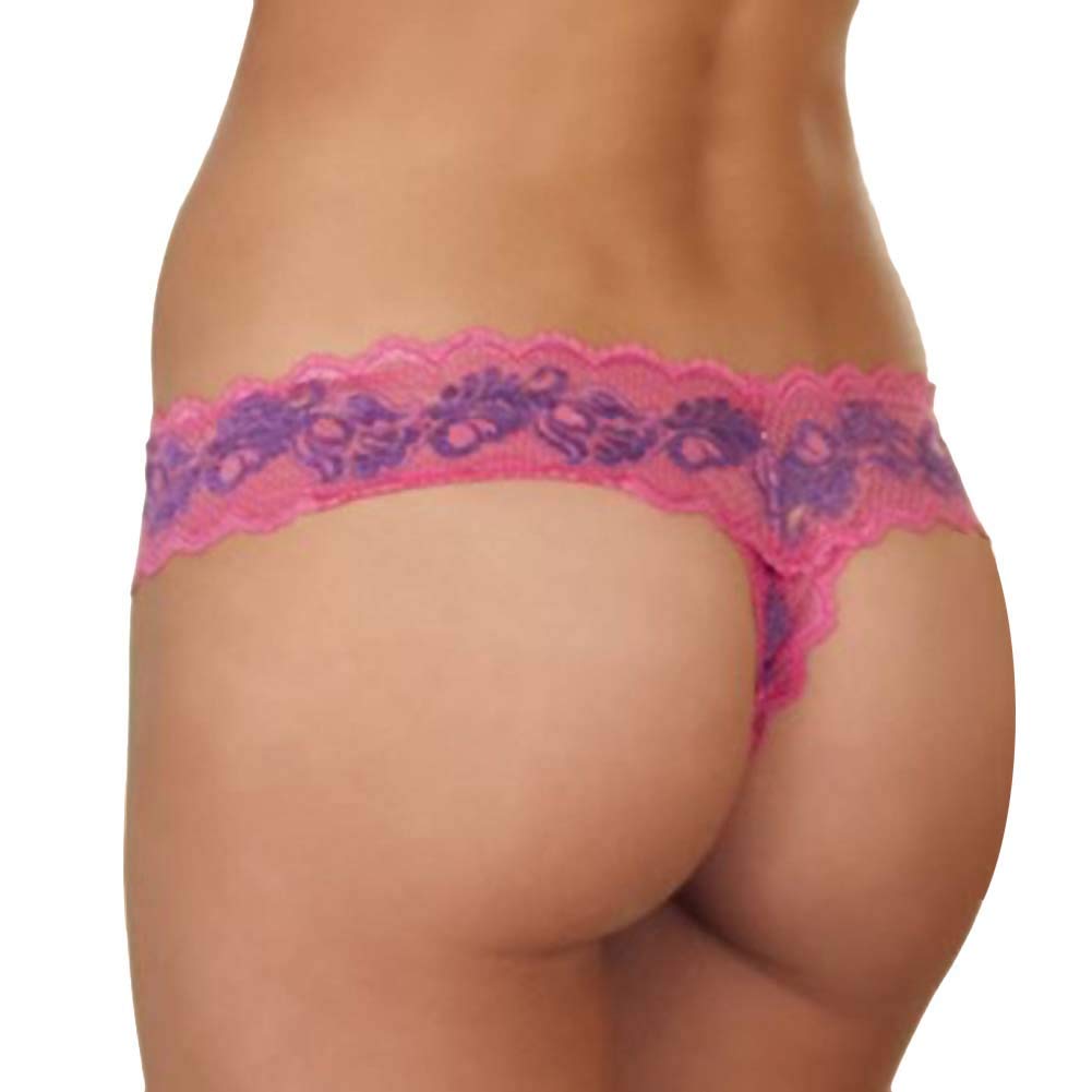 Rene Rofe Women's Crotchless Lace V Thong, Fuschia/Purple, Small/Medium