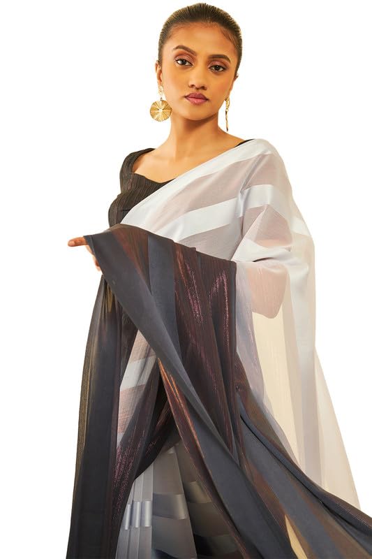 Soch Women Chiffon Striped Saree with Tassels