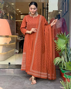 ANNI DESIGNER Womens Rayon Viscose Anarkali Printed Kurta with Pant & Dupatta (Hamlet Orange_S_Orange_Small)