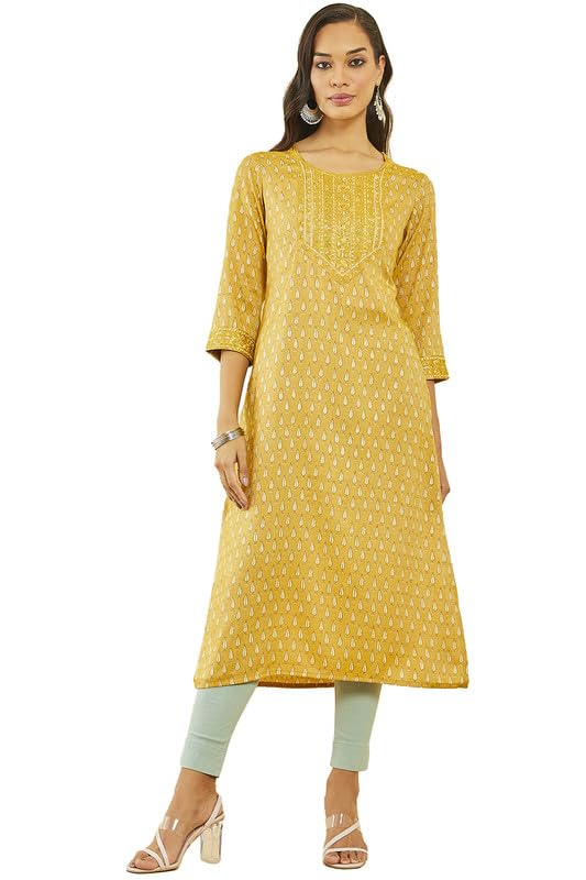 Soch Womens Mustard Rayon Leaf Print Round-Neck Straight Kurta With Pocket