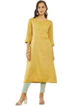 Soch Womens Mustard Rayon Leaf Print Round-Neck Straight Kurta With Pocket