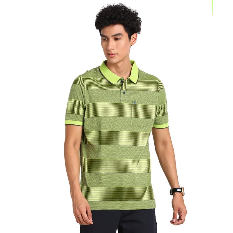 Turtle Men 100% Cotton Green Striped Polo Neck Half Sleeve Casual T-Shirt