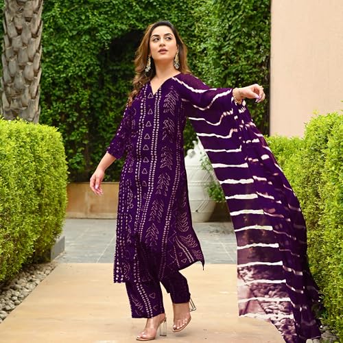 ANNI DESIGNER Womens Rayon Blend Straight Bandhej Printed Kurta with Pant & Dupatta (Baghira Begani_M_Begani_Medium)