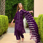 ANNI DESIGNER Womens Rayon Blend Straight Bandhej Printed Kurta with Pant & Dupatta (Baghira Begani_M_Begani_Medium)