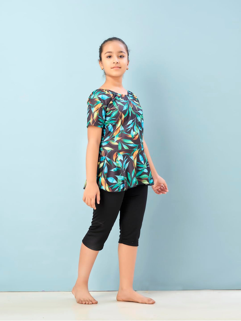 Aarika Girls Sports Wear Black-Green Colour Floral Print Nylon Swim Suit (5-15 Years)-(SW-SHM-C-1121)