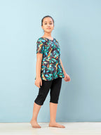 Aarika Girls Sports Wear Black-Green Colour Floral Print Nylon Swim Suit (5-15 Years)-(SW-SHM-C-1121)