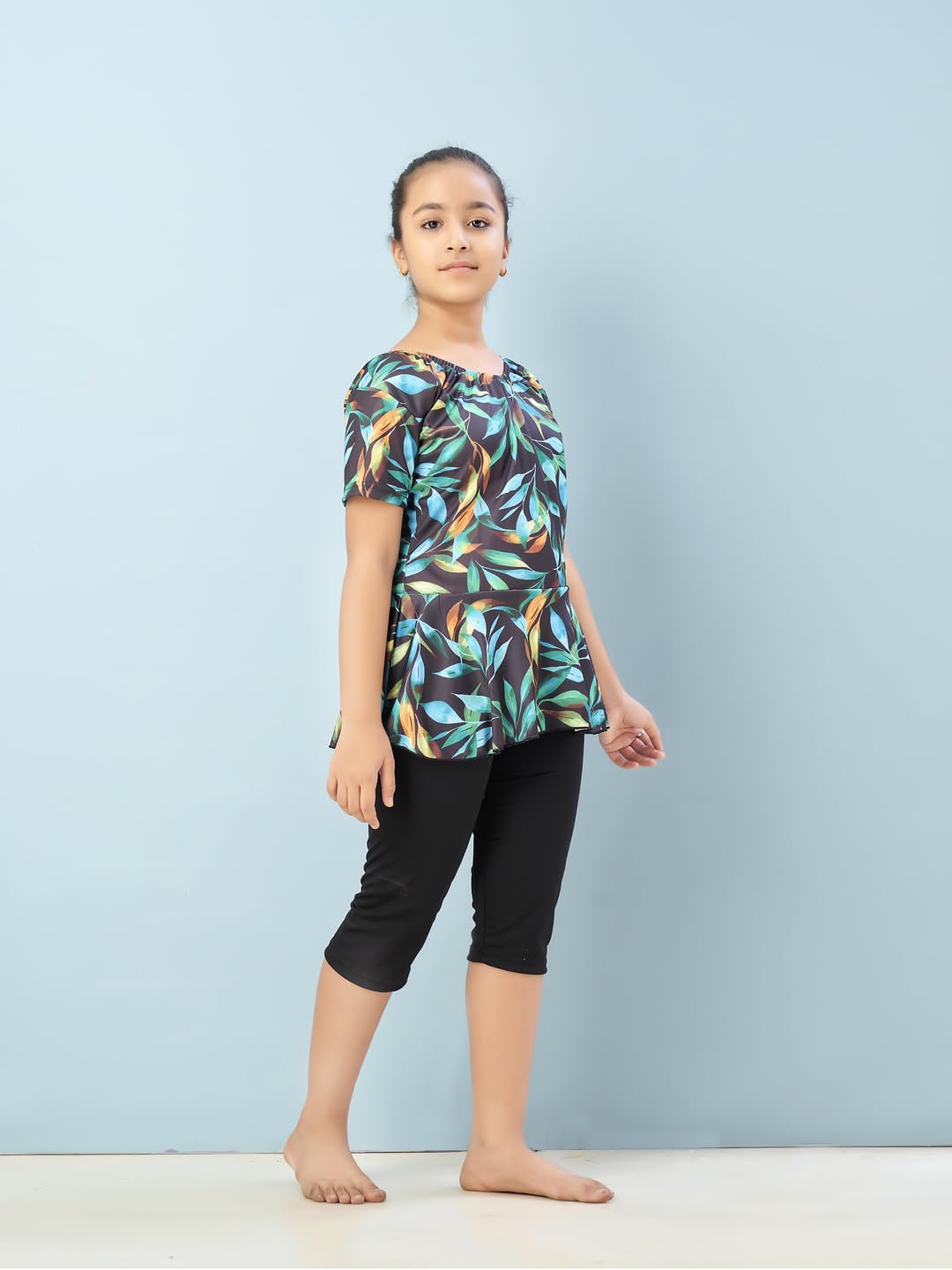 Aarika Girls Sports Wear Black-Green Colour Floral Print Nylon Swim Suit (5-15 Years)-(SW-SHM-C-1121)