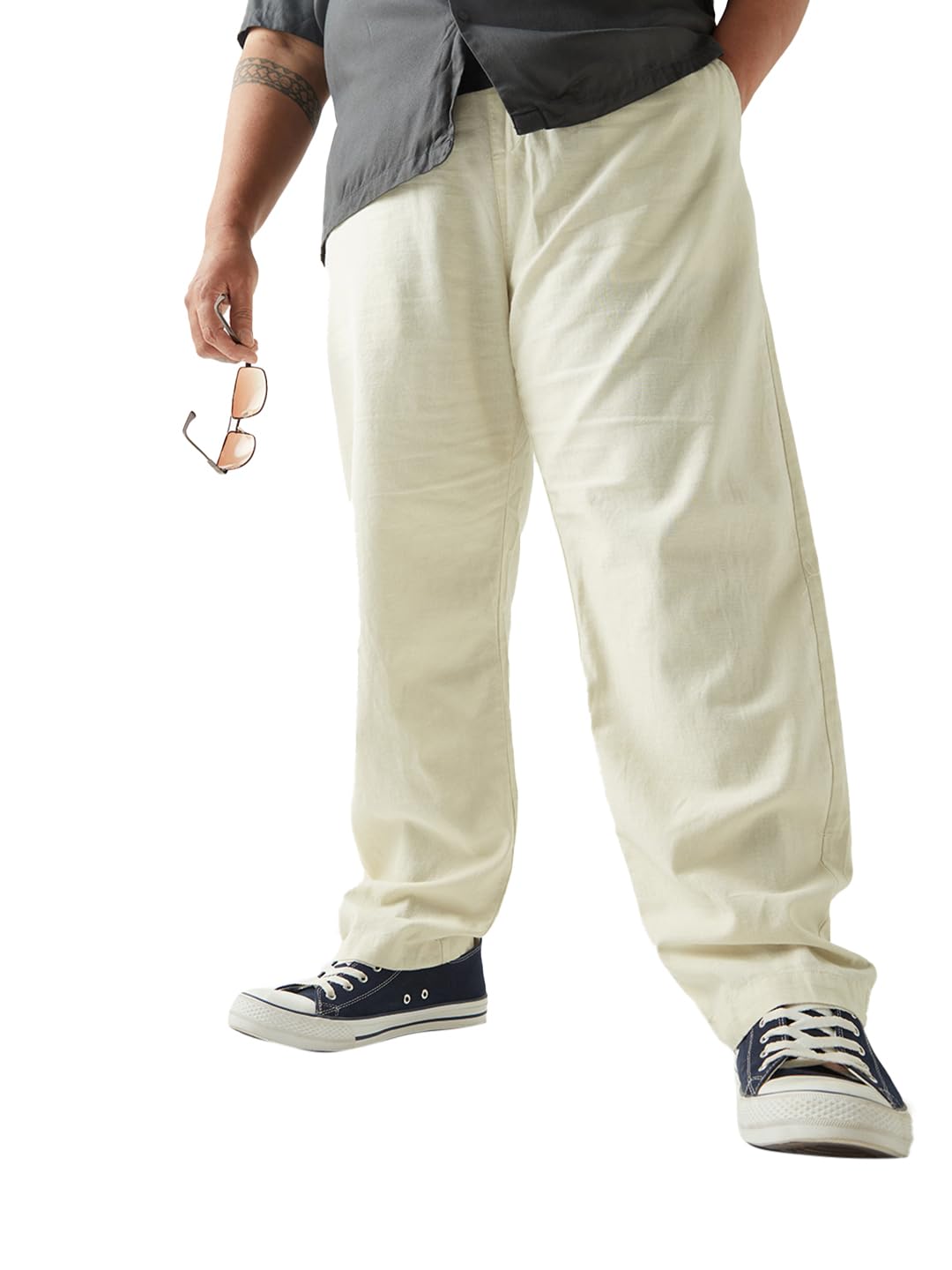 Bewakoof Mens Solid Straight Fit Cotton Linen Blend Plus Size Pant_628757_Beige_5XL