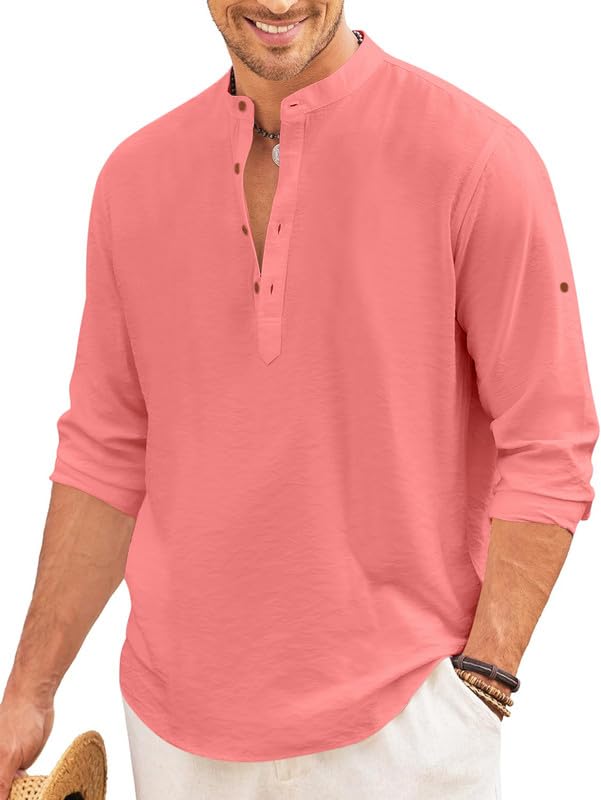 Macsivo MenS Casual Cotton Polyester Blend Long Sleeve Henley Short Kurta | Lightweight Summer Kurta Peach