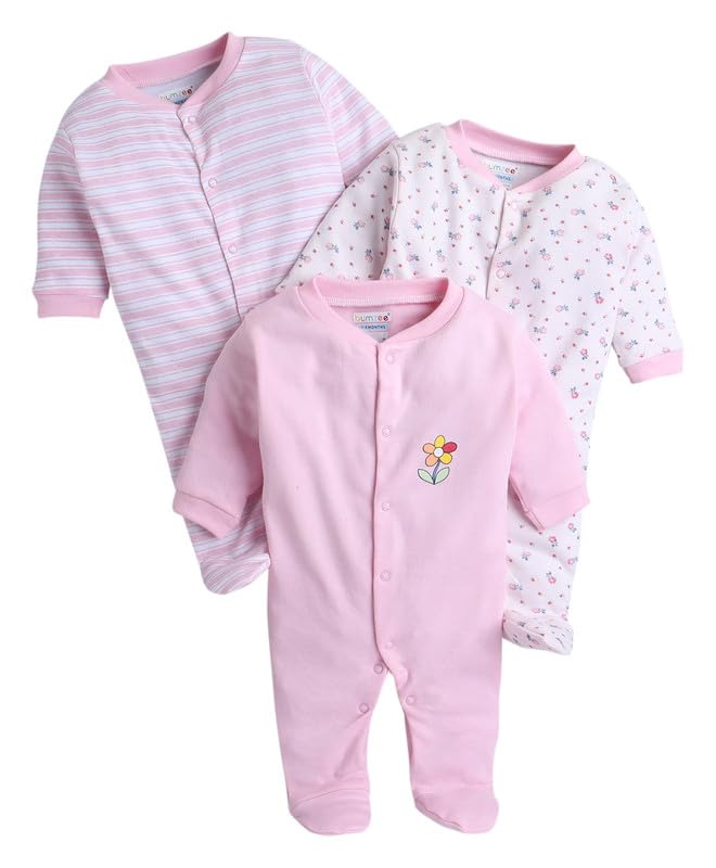 BUMZEE Baby Pink & White Baby Girls Full Sleeves Sleepsuit Pack of 3 Age - New Born (Peb10052A-bpk)