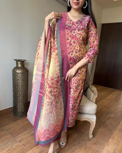 ANNI DESIGNER Womens Rayon Blend Straight Printed Kurta with Pant & Dupatta (Omsing Pink_M_Pink_Medium)