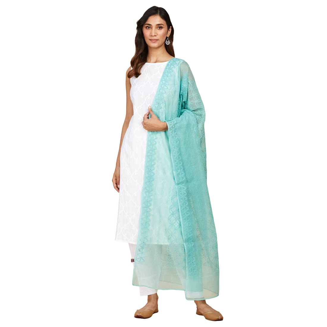 Fabindia Teal Cotton Silk Chikankari Embroidered Dupatta | Free Size | 2.5M X 92Cm
