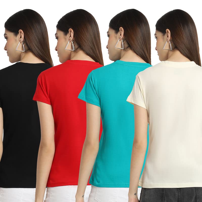 Preneum Womens Cotton Regular Fit Latest Graphic Stylish Printed Short Sleeves Casual T-Shirt || Latest Style (Pack 4), Black &
