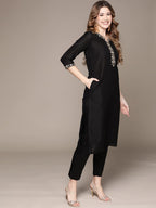 Anubhutee WomenS Cotton Black Ethnic Motifs Zari Work Embroidered Straight Kurta Suit Set With Trousers