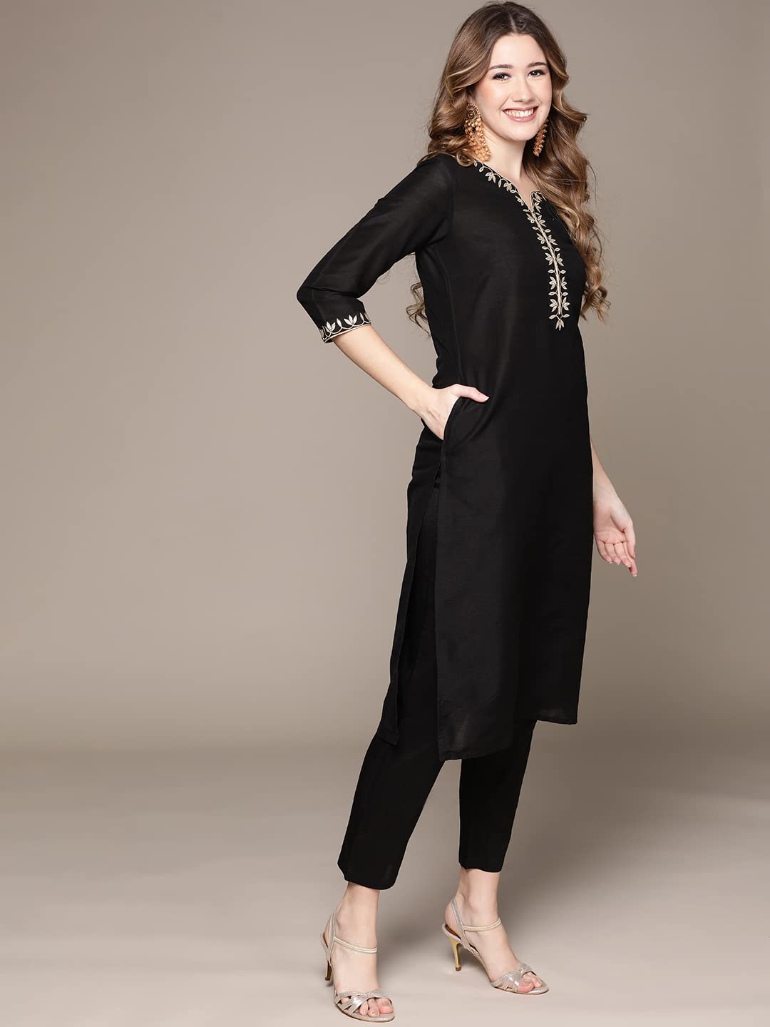 Anubhutee WomenS Cotton Black Ethnic Motifs Zari Work Embroidered Straight Kurta Suit Set With Trousers