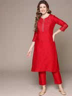 anubhutee Womens Cotton Red Woven Design Thread Work Straight Kurta Suit Set With Pants