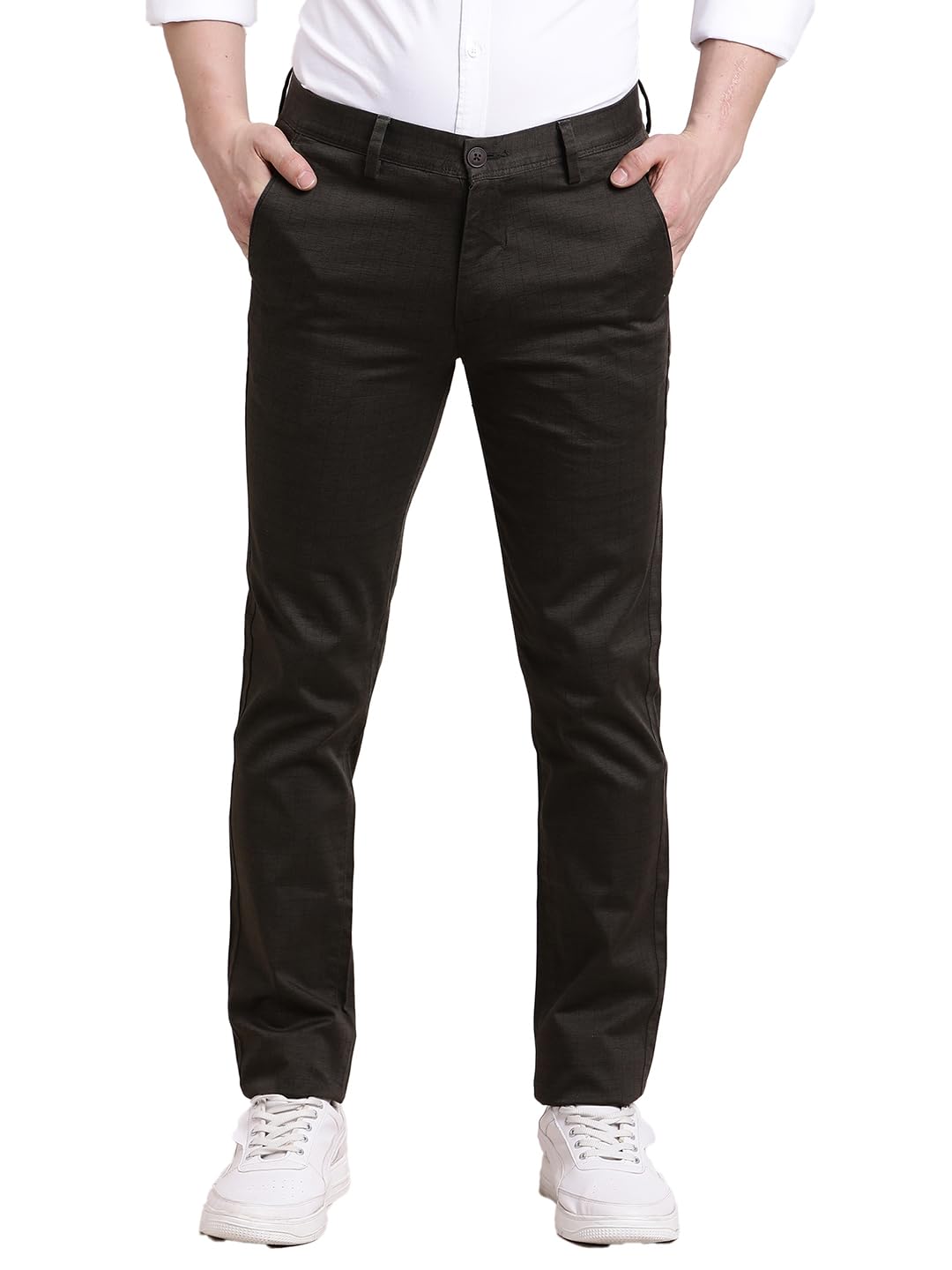 Turtle Men Brown Narrow Fit Printed Flat Front Cotton Stretch Casual Trouser