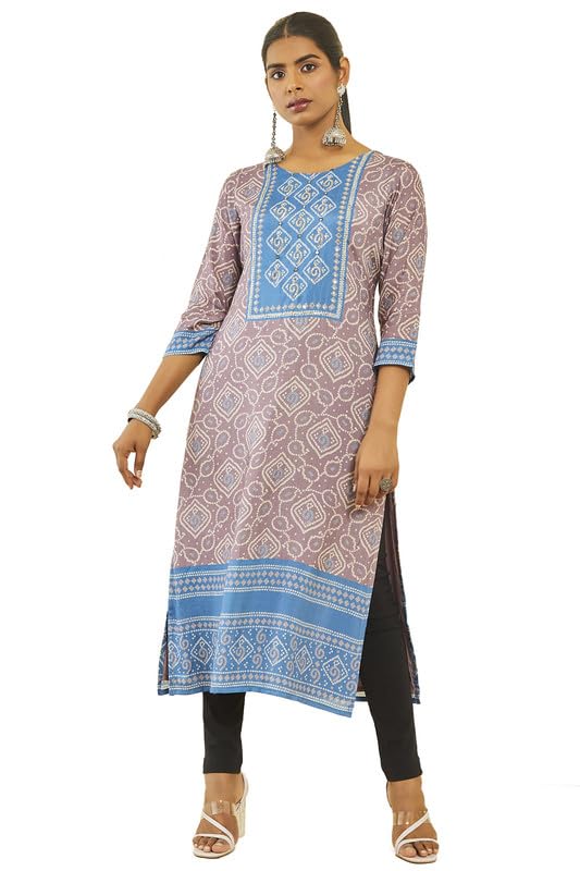 Soch Womens Purple Muslin Bandhani Print Round-Neck Kurta With Pocket