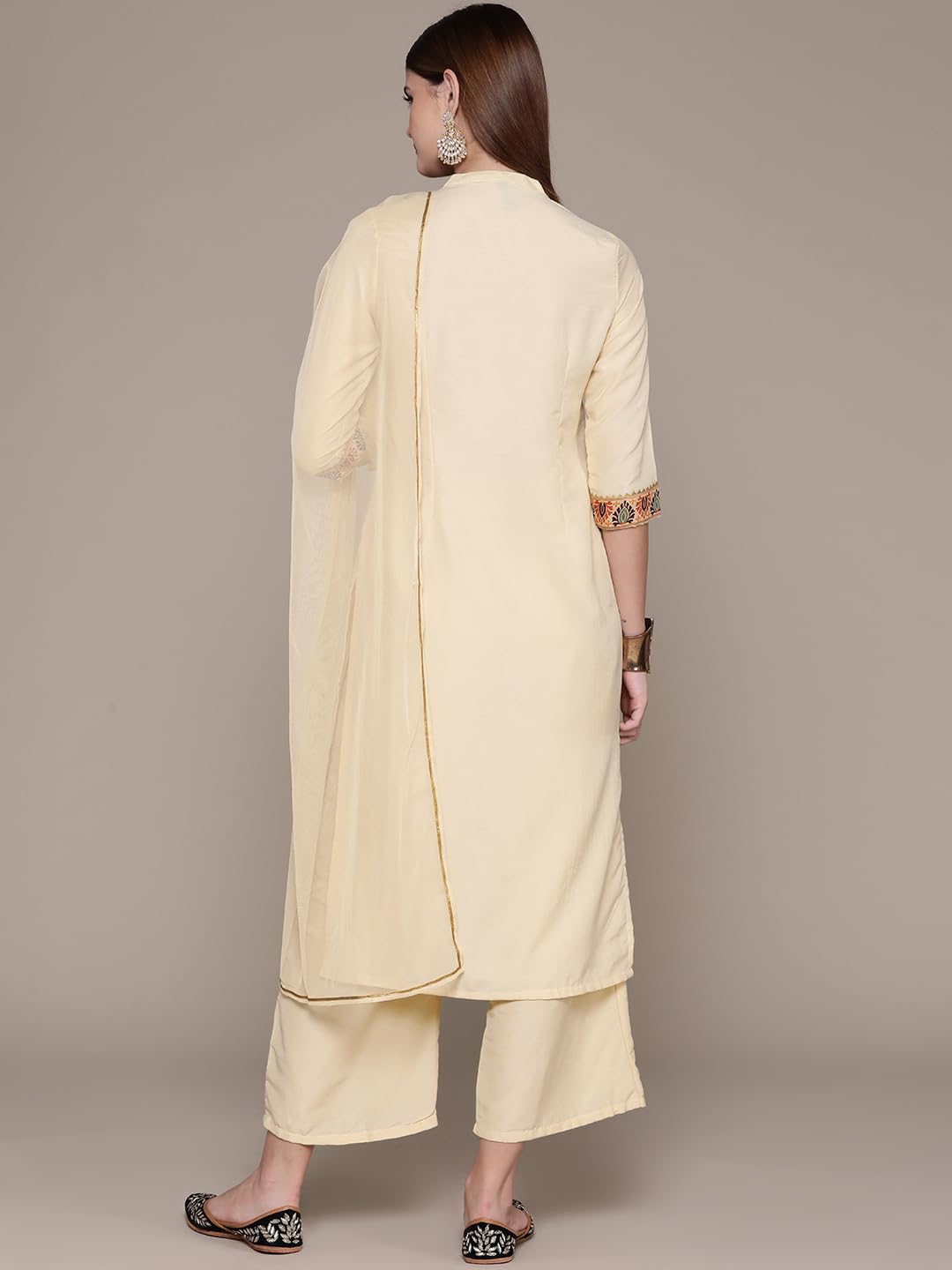 Ziyaa Women Women'S Cream Chinon Kurta, Palazzo And Dupatta Set