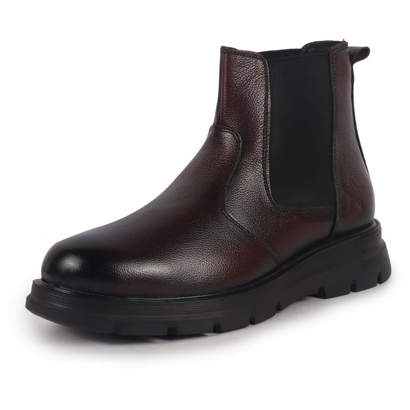 FAUSTO FST FOLMCB3019 CHERRY41 Men Cherry Genuine Leather Slip On Boots | Chelsea Work Boots | Lightweight Memory Cushion Shoe 7