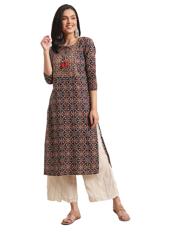 Varanga Women Blue & Beige Abstract Printed Kurta With Gota Work On Yoke & 3/4Th Sleeves