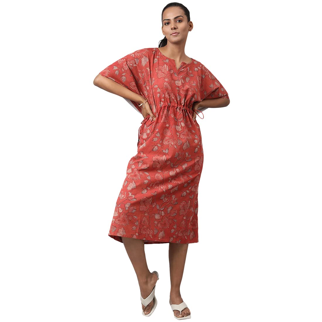 Fabindia Women Dabu Printed Kaftan Cotton_Xs Rust