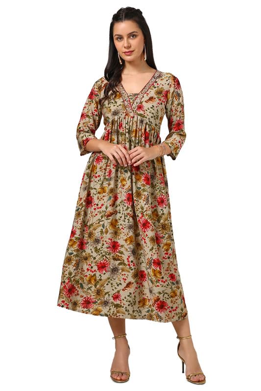Soch Women Muslin Blend Floral Print Dress with Zardosi