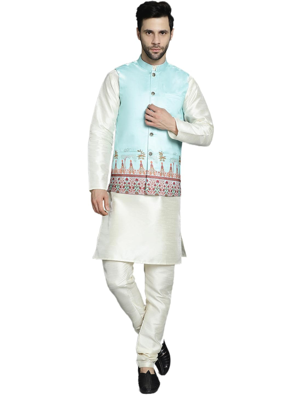 Jompers Mens Printed Nehru Jacket With Solid Kurta Pyjama Set