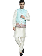 Jompers Mens Printed Nehru Jacket With Solid Kurta Pyjama Set
