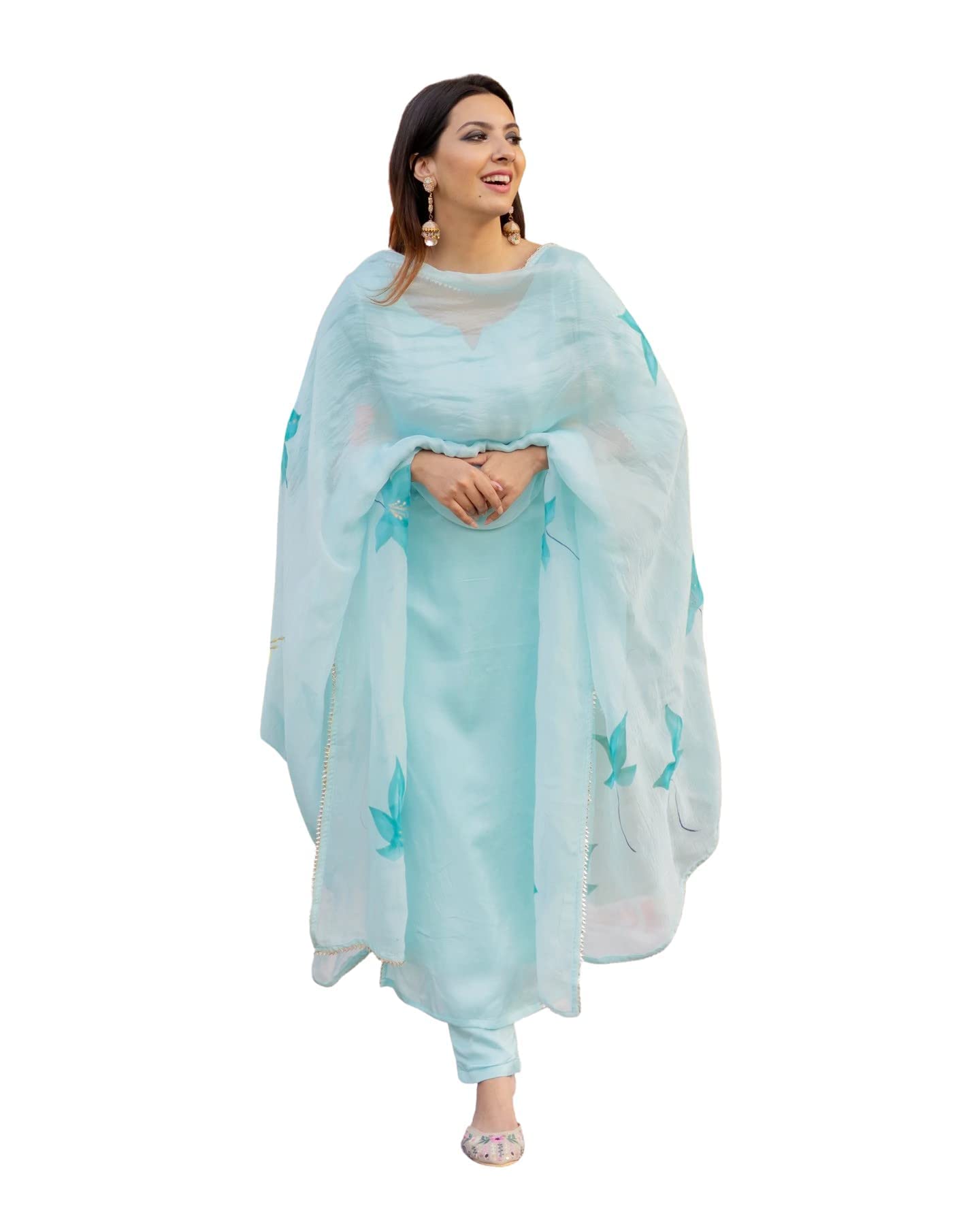 Gosriki Women'S Cotton Blend Straight Solid Kurta With Pant & Dupatta (Resoti Blue_New_Xxl-Go_Blue_Xx-Large)