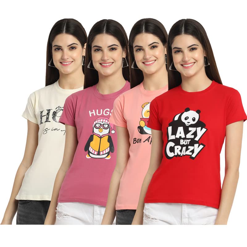 Preneum Womens Cotton Regular Fit Latest Graphic Stylish Printed Short Sleeves Casual T-Shirt || Latest Style (Pack 4), Beige &