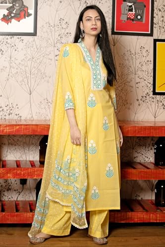 ANNI DESIGNER Womens Cotton Blend Straight Hand Block Printed Kurta with Pant & Dupatta (Belagavi Mustard_XXL_Mustard_XX-Large)