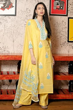 ANNI DESIGNER Womens Cotton Blend Straight Hand Block Printed Kurta with Pant & Dupatta (Belagavi Mustard_XXL_Mustard_XX-Large)
