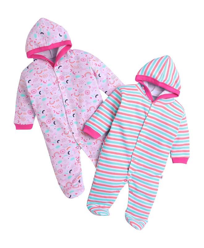 BUMZEE Pink & Multi Baby Girls Full Sleeves Sleepsuit with Hood Pack of 2 Age - New Born (Peb10013A-pnk)
