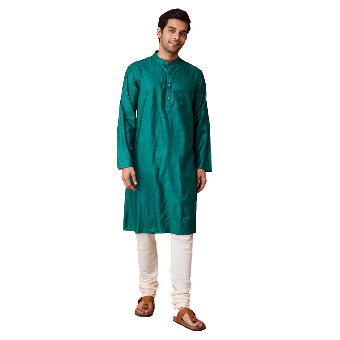 Fabindia MenS Silk Solid Comfort Fit Kurta (1038997Teal_Teal