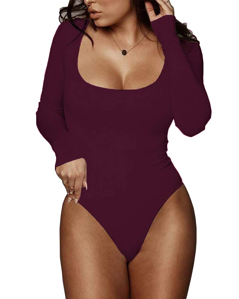 BelleLovin Women's Square Neck Long Sleeve T-shirt Basic Bodysuit Jumpsuits (Burgundy, X-Large)
