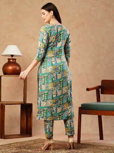 ANNI DESIGNER Womens Cotton Blend Straight Printed Kurta with Pant (ING 10 Blue_M_Blue_Medium)