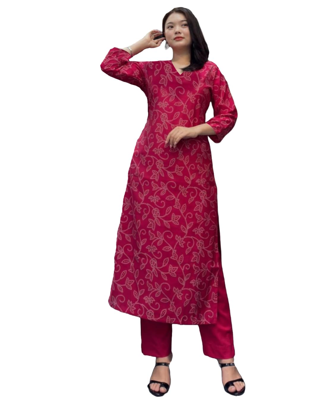 ANNI DESIGNER Womens Cotton Blend Straight Printed Kurta with Pant (Siwan Pink_M_Pink_Medium)