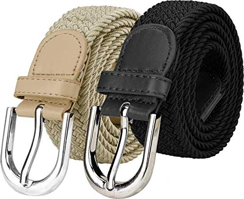 Uzak MenS And WomenS Stretchable Flexible Cotton Canvas Belt (Pack Of 2) (Off White & Black) 36-34
