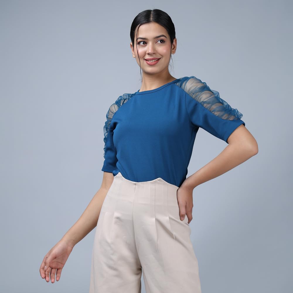 Noble Monk WomenS Solid Stretchable Top | Round Neck Half Sleeve | Regular Fit Top For Women