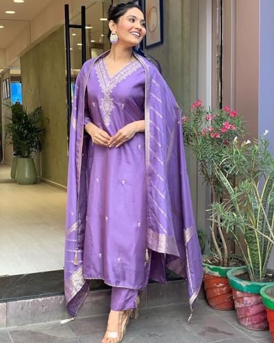 ANNI DESIGNER Womens Rayon Viscose Embroidered Straight Kurta with Pant & Dupatta (PARITOSH Purple_M_Purple_Medium)