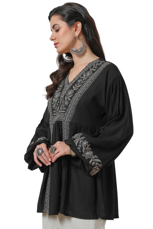 Soch Womens Black Floral Embroidered Rayon Tunic With Cuff Sleeves