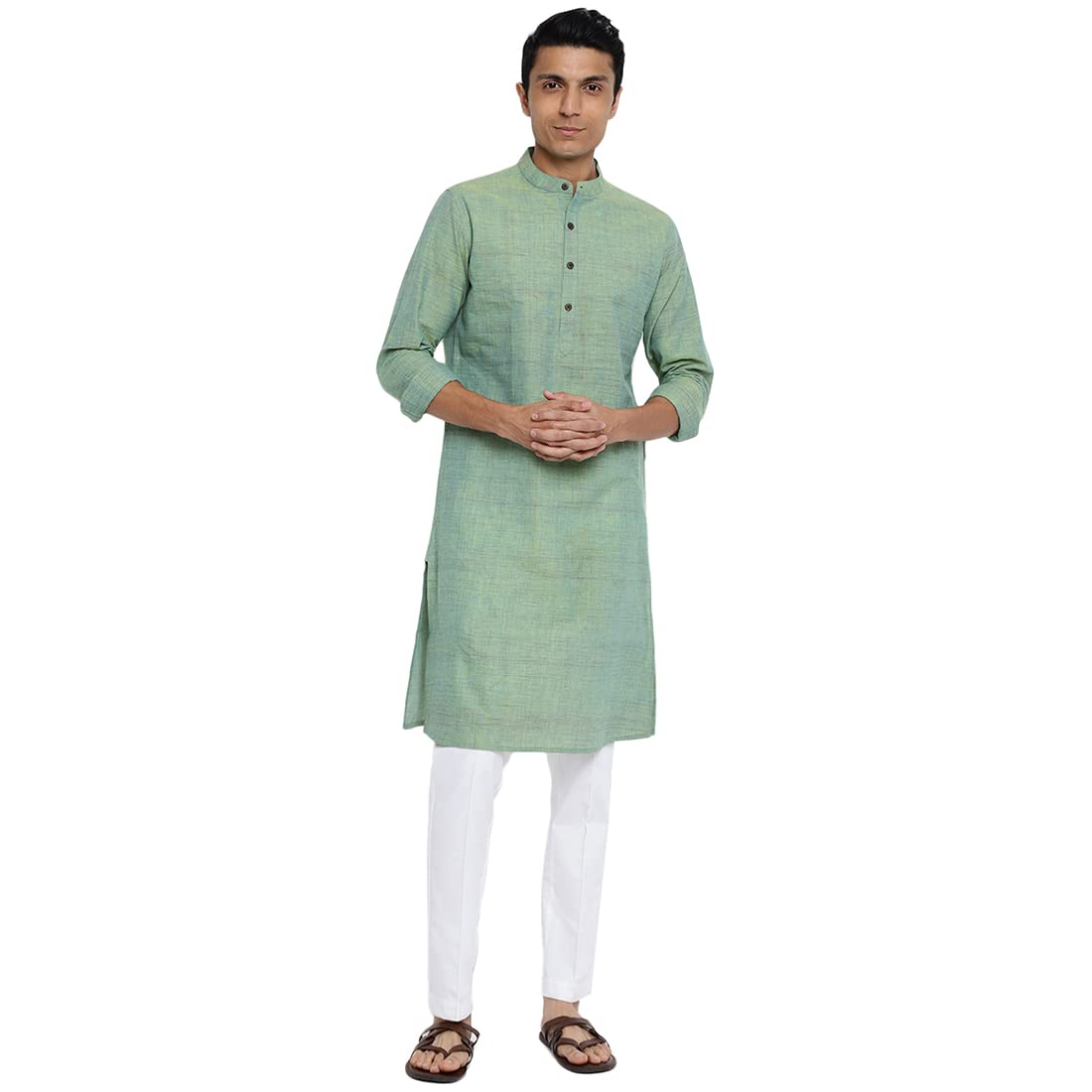 Fabindia Men Cotton Chinese Collar Long Kurta Green_M
