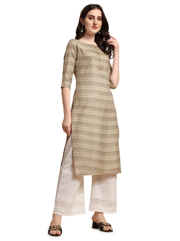 Nainvish Women'S Cotton Blend Straight Round Neck Printed Kurta (Sd415_K-Xl._Dark Yellow)