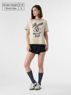 The Souled Store Bugs Bunny: Whats Up Doc Women and Girls Short Sleeves Round Neck Beige Graphic Printed Cotton Relaxed Fit T-S