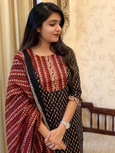 Pinkmint Women'S Cotton Blend Kurta Set L Stylish Printed Straight Kurta With Pant & Dupatta L Fancy Ethnic Set Black