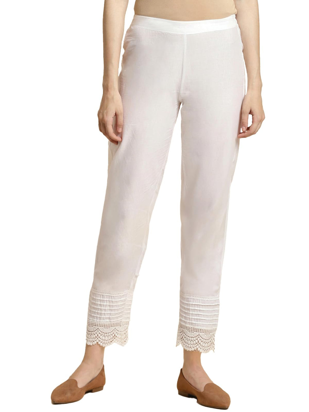 rangita Women 100% Cotton Off White Solid Calf Length Straight Pant, L