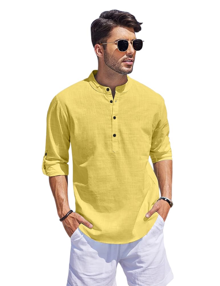 Hemrin Men Solid Cotton Blend Straight Kurta Shirt Yellow