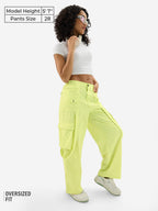 The Souled Store Lime Women & Girls Buttoned Solid Nylon Loose Fit Parachute Pants